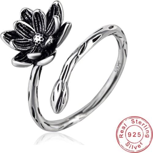 Hot Sale Bohemia Wishbone Rings Antique 925 Sterling Silver Vintage Lotus Flower Adjustable Finger Ring Women Jewelry Ring Gift