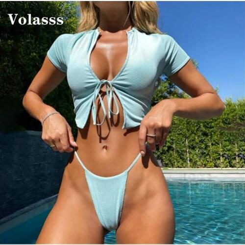 Thong Swimsuit Thread Cloth Swimwear Women Solid Sexy Two-pieces Bikini Short Sleeve Biquini Female High Cut Bather Bathing Suit