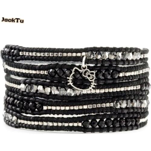 Summer onyx seed beads heart button cat parts leather wrap bracelet