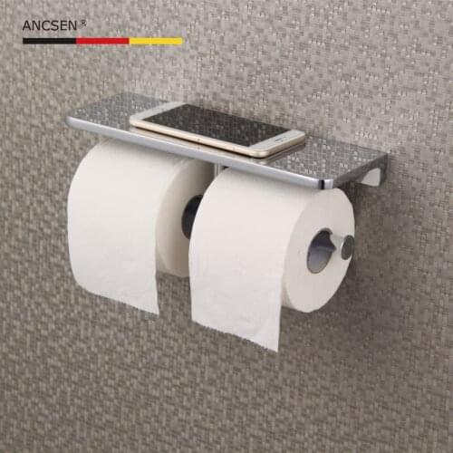 Matt Black/Silver Double Roll Toilet Paper Holder with Phone Shelf Bathroom Tissue Dispenser Wall Mounted