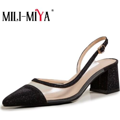 MILI-MIYA Chic Sequined Cloth Pumps Women Sexy Pointed Toe Design Ladies Square High Heels Buckle Wedding Prom Dancing Shoes