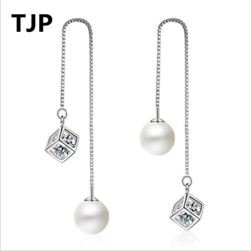 TJP Trendy Crystal Cube Pearl Long Tassel Earrings For Women Wedding Party Charm 925 Silver Earrings For Girl Lady Birthday Gift