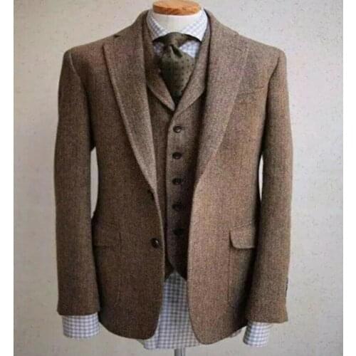 2020 Italian Style Suits For Men Vintage Wool Herringbone Classic Suits Three Pieces Two Buttons Notch Lapel Mens Suits