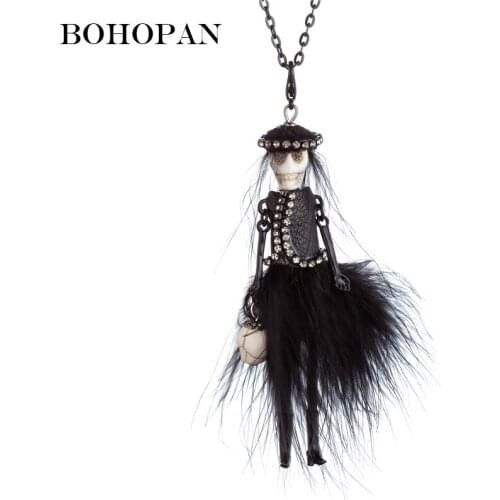 Skull Doll Necklace Black Red Fur Feather Cloth Figure Pendants Necklaces Halloween Gift Statement Jewelry Accessories Bijoux