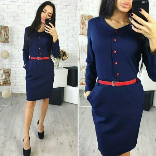 2019 Spring long sleeve button belt long sleeve solid color dress 2pcs/lot