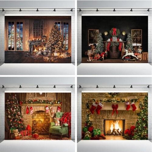 Christmas Photography Backdrops Fireplace Tree Winter Snow Window Baby Photocall Portrait Background For Photo Studio