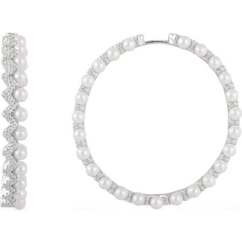 SOELLE Fashion Real 925 Sterling Silver Extra Large Zigzag Wave Pearls Hoop Earrings Micro Zirconia Women Fine Party Jewelry