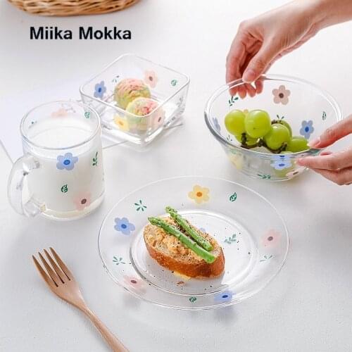 Flower Strawberry Glass Bowls and Plate Tableware Household Dishs Snack Plate Salad Bowl Fruit Plate Milk Cup Dinnerware Sets