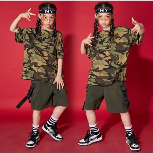 Hip Hop Girls Dance Costumes Camouflage T-shirt Loose Army Green Hip Hop Suit Jazz Dance Performance Clothes Rave Wear BL6403
