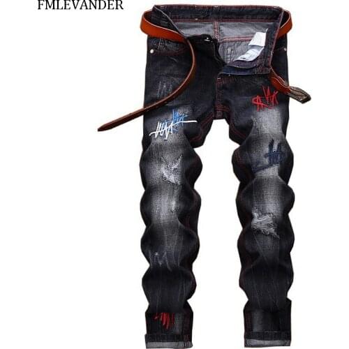 High Quality Plus Size 42 Fashion Hole Denim Jeans Straight Pants Stretch Denim Men Jeans Trousers