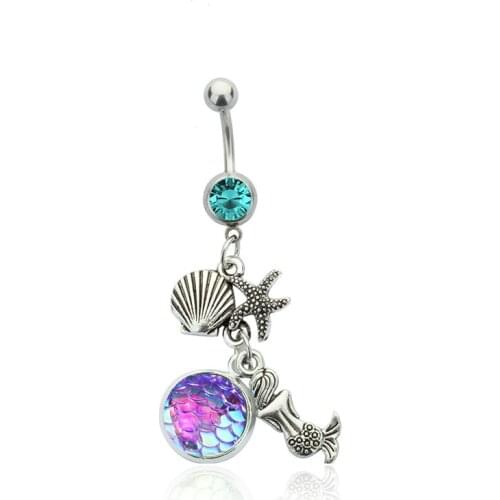 16G Body Piercing Jewelry with Silver Color Green Crystal Rainbow Scales Mermaid Shaped Dangle Belly Button Ring for Unisex