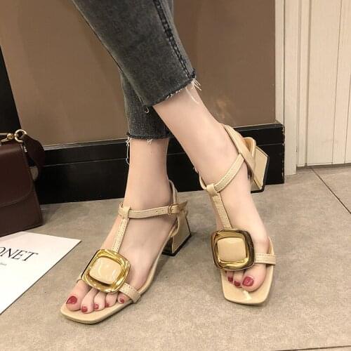 2020 spring and summer thick heel buckle open toe fashion sandals female metal square buckle square head heel womens shoes Z736