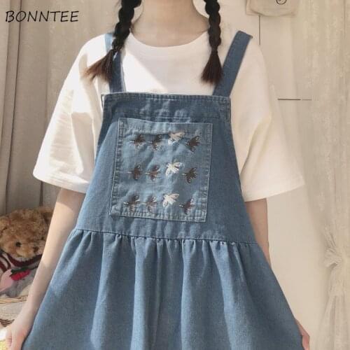 Dresses Women Sleeveless Japanese Style Denim Solid Streetwear Vintage Animal High-waist Kawaii College Harajuku All-match Soft