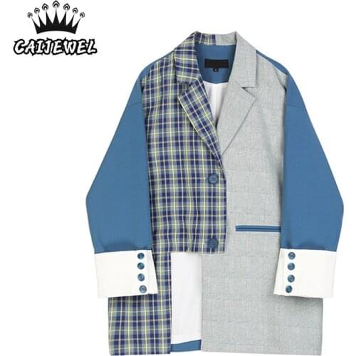 Streetwear Patchwork Womens Outwear Irregular Plaid Blazer New 2021 Autumn and Winter Baggy Vintage Design Casual TOP Outwear
