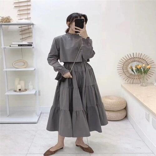 HziriP Autumn New Multi-Layer Eastic Collar Closed Sleeves Minimalist 2020 Korean Casual Fashion Solid Color Women Cake Dress
