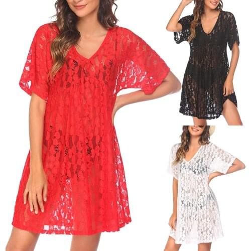 Women Beach Dress Solid Color V-Neck Short Sleeve Bikini Covers See-Through Dress For Summer, Black/Red/White