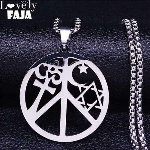 2021 Coexist in Peace Stainless Steel Necklace Om Cross Crescent Moon Star of David Silver Color Women/Men Jewelry N4408S04