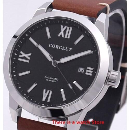 Corgeut 41mm Black Dial Luminous Mens Automatic Mechanical Wristwatch Men Waterproof Calendar Sapphire Leather Strap Watch