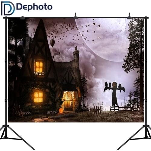 Dephoto Halloween Photography Backdrop Scarecrow Crow Moon Pumpkin House Bats Photo Booth Props Backgrounds