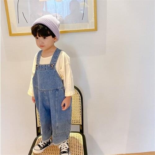 Children Bib Pants Loose Overalls Boys Girls Casual All-match Denim Trousers Spring Solid Outwear 1-7Y Kids Fashion Jeans Pants