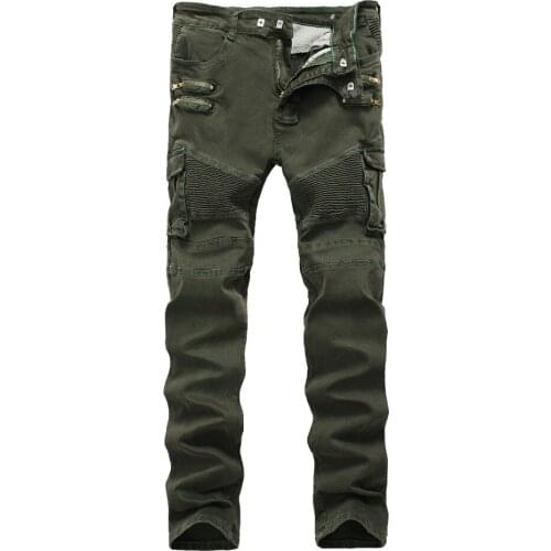 Cargo Pant Green Military Hip Hopmen Pleated Pencil Motorcycle Jeans Mens Skinny Ripped Biker Jeans Zipper Multi Pockets