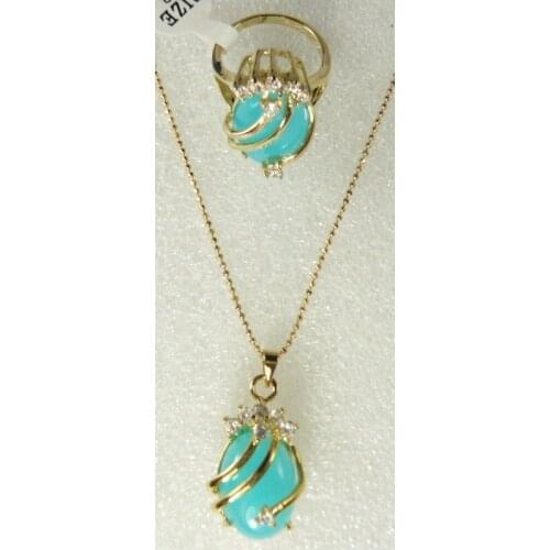 Fine 18KGP light blue Natural Stone CZ pendant ring #6,7,8,9 set jade