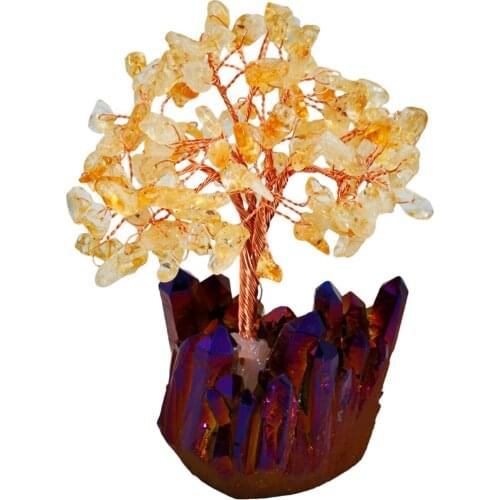 4" Natural Yellow Crystal Money Tree,Purple & Gold Aura Titanium Crystal Cluster Base Bonsai Figurine for Wealth and Luck