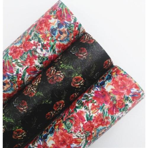 LEOsyntheticoDIY Halloween Skull Rose Printed Synthetic Leather Faux Vinyl Fabric Sheets Felt Backing DIY 21X29CM 6S27A