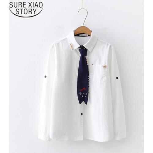 Cotton Fashion Long Sleeve Shirts 2021 Spring New White Women Blouses Cartoon Tie Leisure Preppy Ladies Tops Plus Size 7439