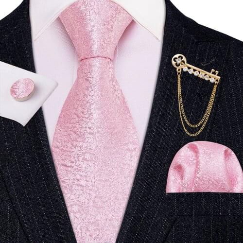 Fashion Designer Pink Floral Men Tie Gold Brooch Silk Tie Handkerchief Set Gift For Men Wedding Business Barry.Wang Necktie