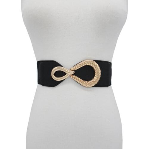 Fashion Woman Gold Metal Buckle Wide Belt Black Elastic Waistband Stretch Waist Seal Dress Accessories Girls Wedding Cummerbunds