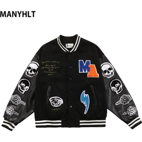 Men Jacket Autumn 2021 Flocking Skeleton Printing Embroidery Male Outerwear Street Harajuku Hip Hop Loose Coat Vintage Jacket