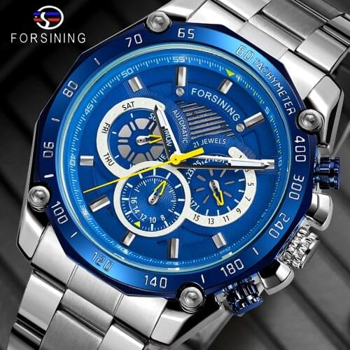 Forsining 2019 New Blue Design Complete Calendar 3 Small Dial Silver Stainless Steel Automatic Mechanical Watches for Men Clock