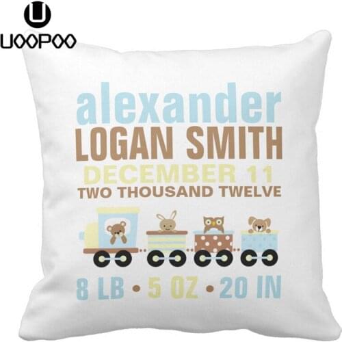 Custom Cute Animals Toy Train Baby Birth States Throw Pillow Cover Soft Polyester Home Decorative Cushion Cover for Baby Room