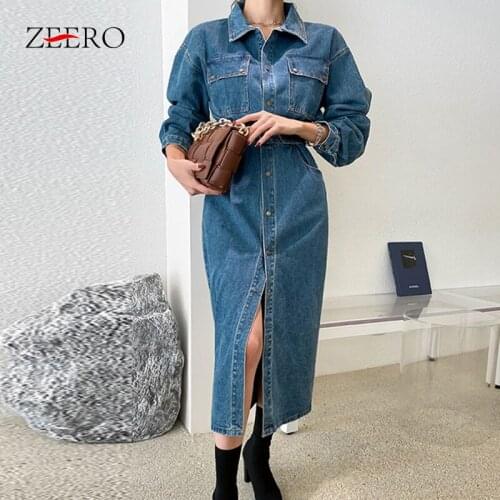Autumn Female Solid Color Denim Dress Women Lapel Lantern Long Sleeve Single-breasted Elastic Waist Straight Split Midi Dresses