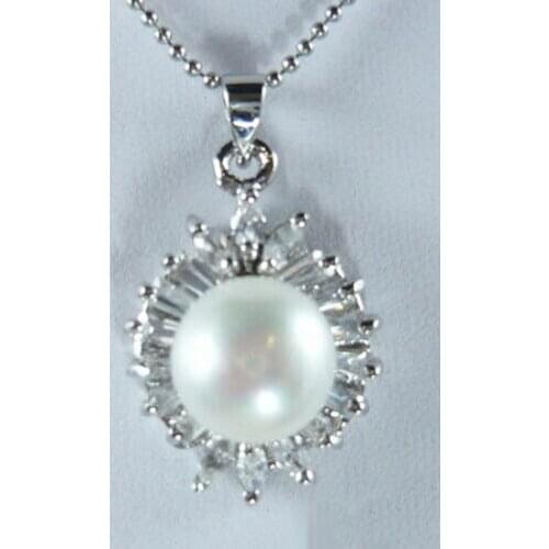 Genuine White Pearl Gold Plated Cubic Zirconia Flower Pendant Chain Necklace