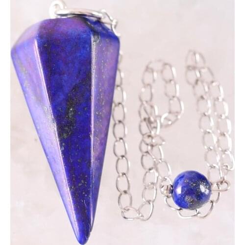 Chain Pendant Amulet Classic for Men Women Natural Healing Stone Blue Lapis Reiki Pyramid Hexagonal Pendulum Bead K1806
