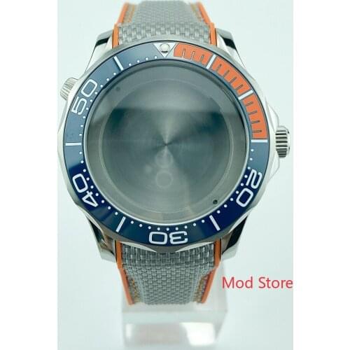 20ATM WR 41mm Black/Blue 1/4 Orange Bezel Watch Case Gray Strap Fit ETA2824 PT5000 Mov't Sea-Master Style Ceramic Insert