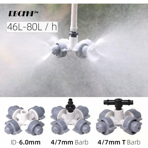 RBCFHI 5PCS 46-80L /h Cross Mist Nozzles Garden Greenhouse Irrigation Watering Hanging Fog Sprinklers with 6.0mm 1/4'' Barb
