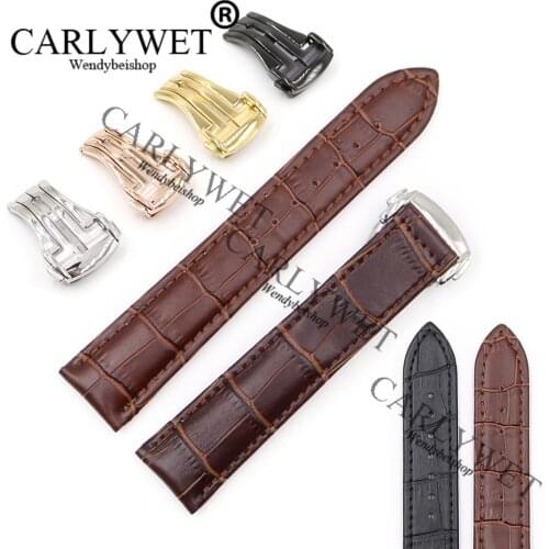 CARLYWET 18 20 22mm Real Leather Black Brown Crocodile Vintage Deployment Wrist Watch Band For Seamaster Planet Ocean