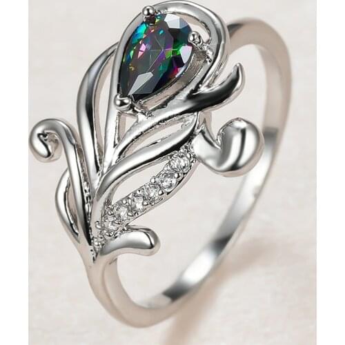 Luxury Female Rainbow Crystal Stone Ring Charm Silver Color Thin Wedding Rings For Women Cute Bride Peacock Tail Engagement Ring
