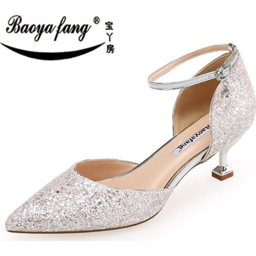 BaoYaFang Golden Silver women Summer Sandals 5cm Thin heel shoes Woman ladies party dress shoes woman Ankle Strap Buckle Sandal
