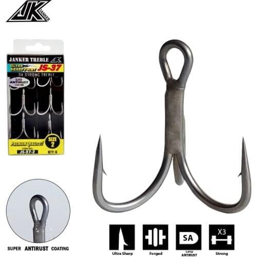 JK JS-37 Triple Fishing Gray Color 3X Strong Treble Hooks super antirust Fishhook Fishing Tee Hook#10~#1.1/0 2/0 3/0 Seafishing