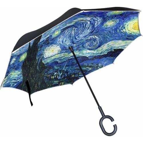 Windproof Creative Painting Starry Night Reverse Umbrella Van Gogh Oil Painting Double Layer Inverted Umbrella for Car