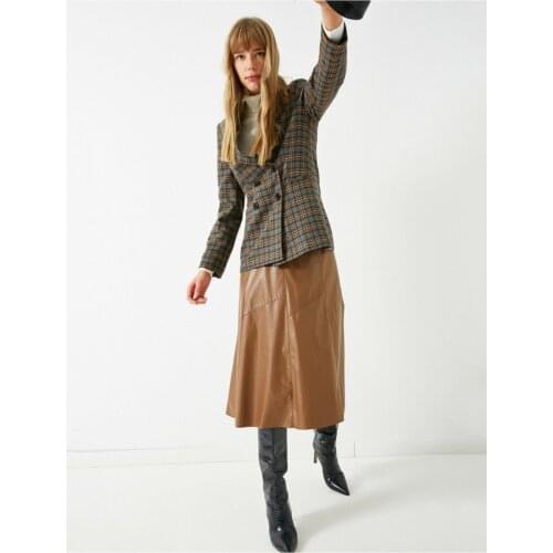 Faux Leather Midi Skirt Tan Color Women Chic Elegant England Style Fashion