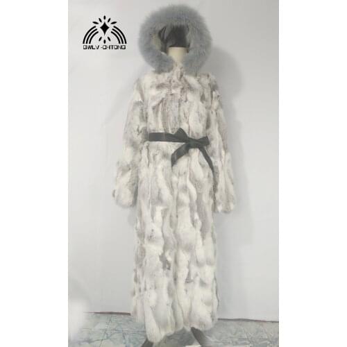 New genuine natural real rabbit fur coat with raccoon fur collar women X-long fashion jacket ladies outwear custom any size