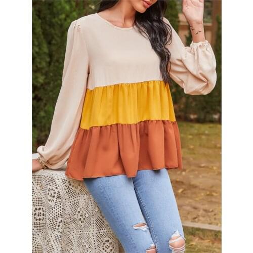 Womens Ruffle Long Sleeve Blouses Ladies Patchwork Tops Stitching Colors O-Neck Female Pullover Chic All-Match Elegant Shirts