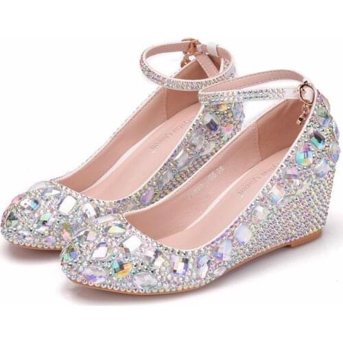 2020 new spring autumn casual Wedges high-heeled shoes women pumps wedding Party banquet PU Rhinestones Buckle Strap 5.5CM