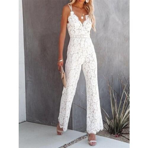 Sexy Jumpsuit Sleeveless Lace Women V Neck Strap Jumpsuits Night Party Clubwear Rompers Bodycon Elastic One Piece Overalls 2021