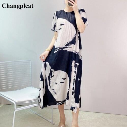 Changpleat2021 Summer Miyak Pleated plus size dress For Women Fashion O-neck Short sleeve Loose Split fork A-line Female Dresses